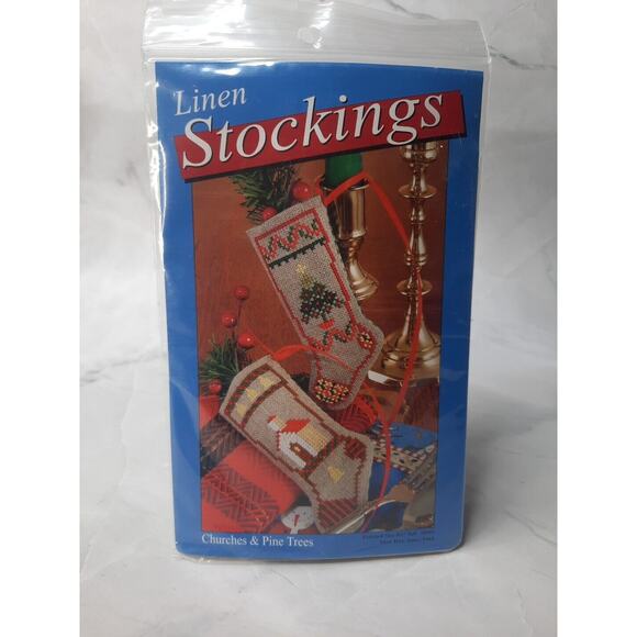 Yarn Tree Counted Cross Stitch Linen Stocking Kit Churches and Pine Trees 8365 - Picture 1 of 4